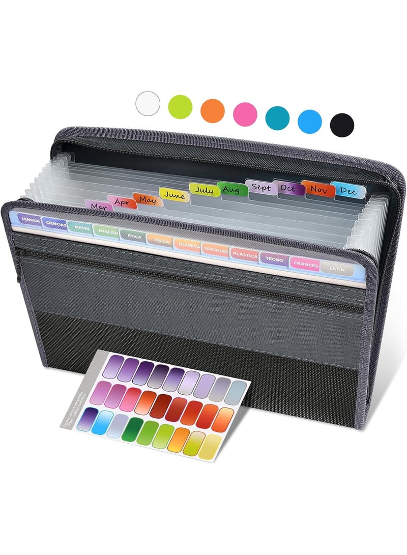 منظم ملفات ذو سحاب آمن، 12 جيبًا ملف قابل للتوسيع مع جيب قلم أمامي، منظم فواتير وقُسائم ضريبية متنقل، مستلزمات مكتب مدرسية، حجم خط، أسود - Image 1